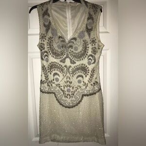 Custom Vintage Embellished Cream and Gray Dress